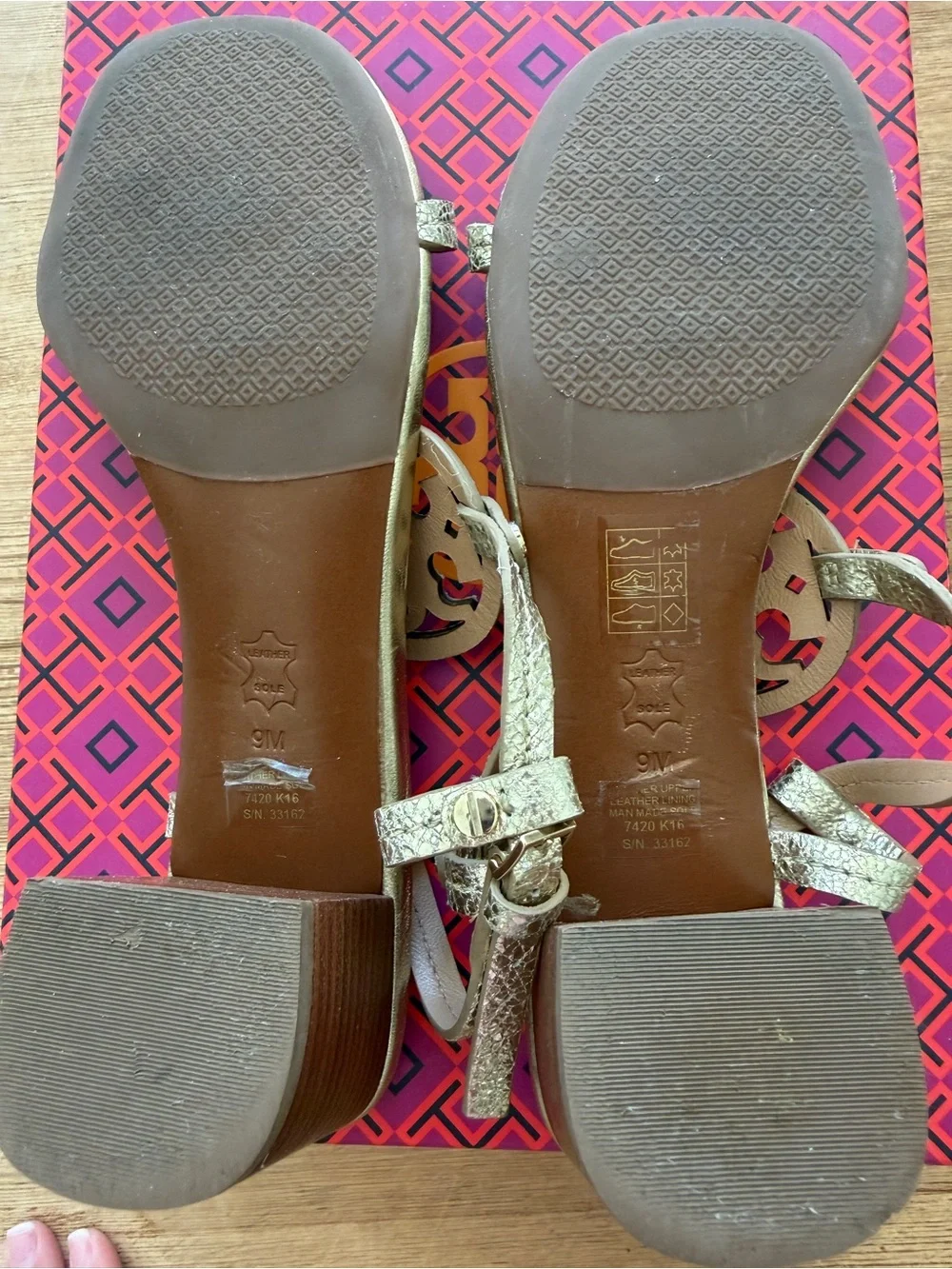 Tory Burch Metallic gold T-Strap Logo Sandals